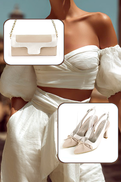 Women's champagne white and pure white elegant slingback heels, with a bow on the front. Tapered toe. High slim heel - Top view